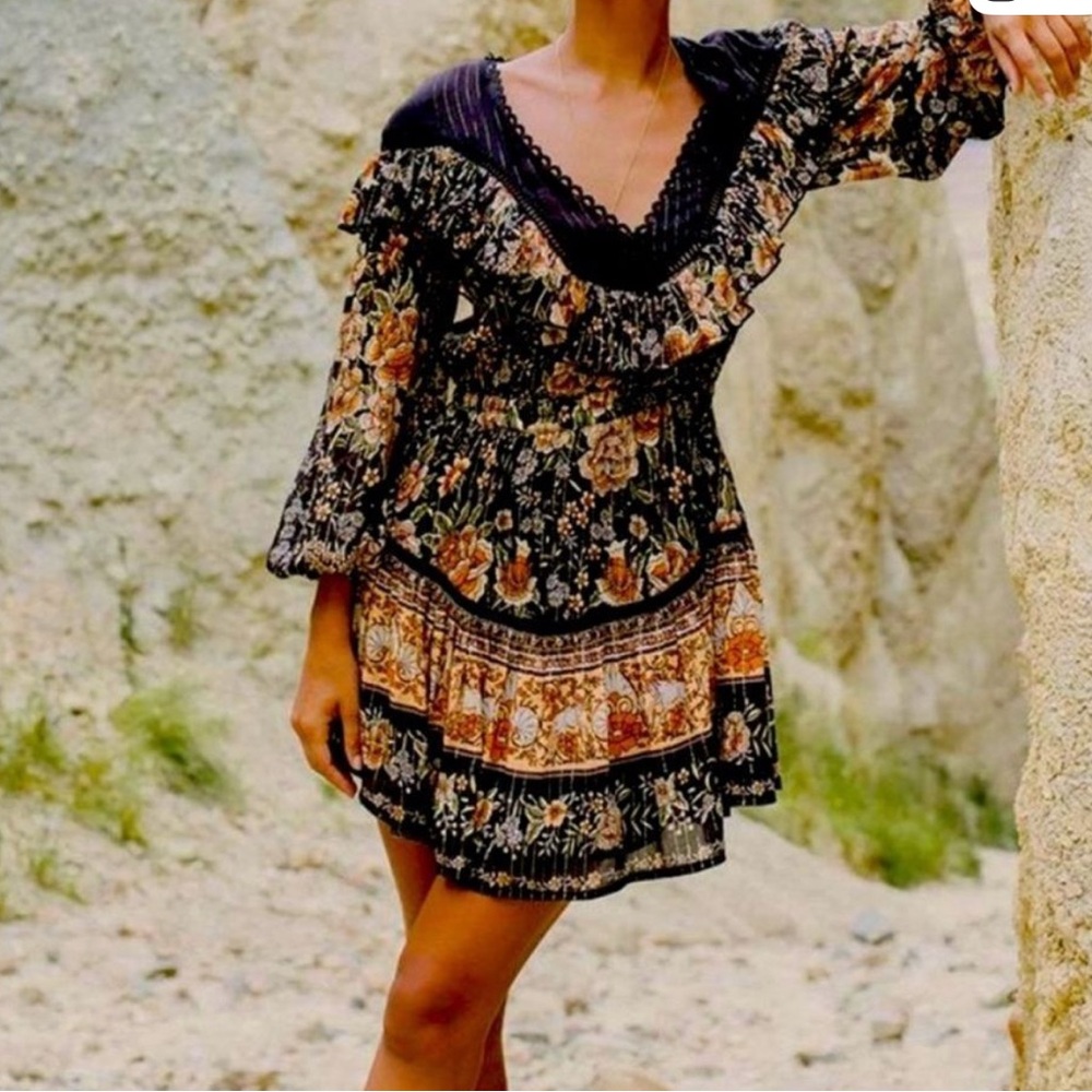 Spell Black and Brown Floral Mini Dress